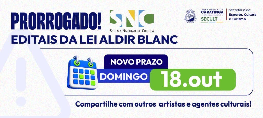 Prefeitura de Caratinga prorroga inscrições dos três editais da Lei Aldir Blanc até 18 de outubro